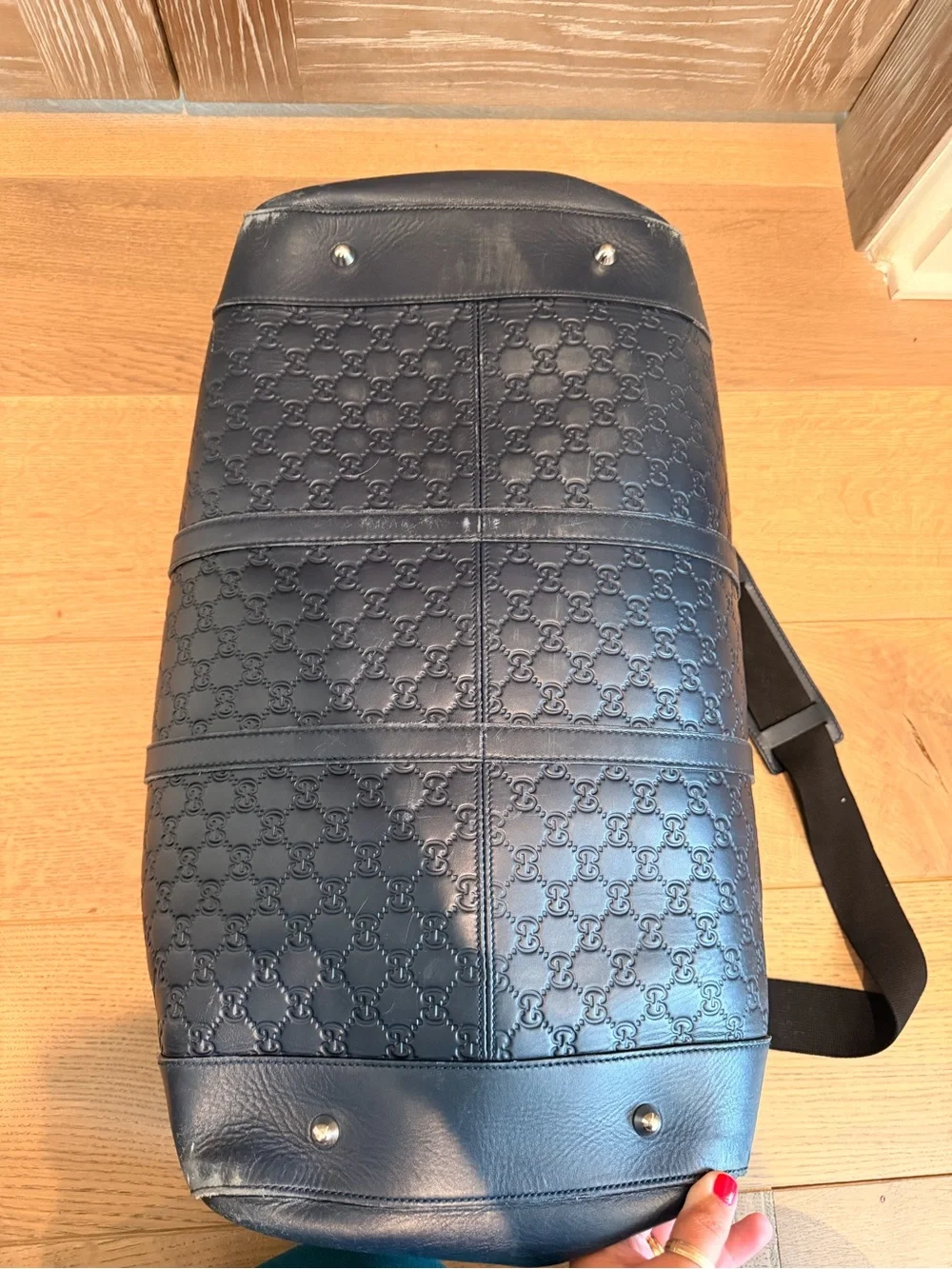 Gucci Navy Embossed GG Leather Duffel Bag